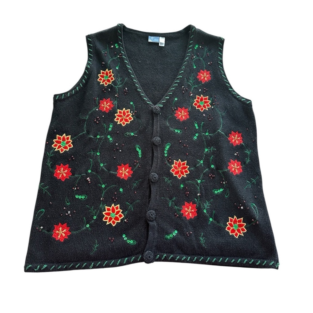 Holiday Editions Christmas Sweater Vest Knit Embroidered Poinsettia Size 1X